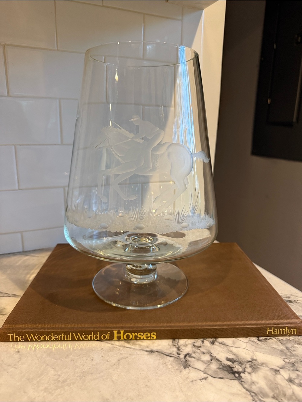 Vintage Equestrian Etched Hurricane Pedestal Vase- Ralph Lauren Inspired Decor